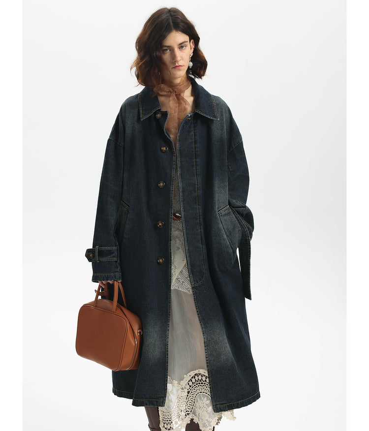 Washed Denim Long Trench Coat