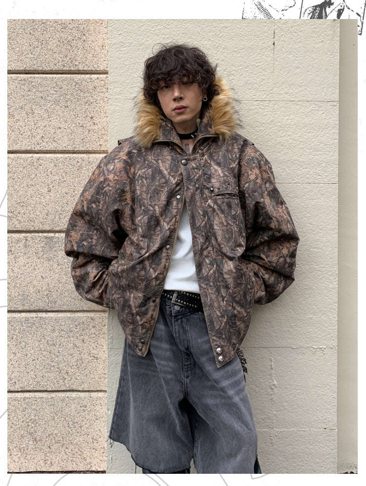 Camouflage rivet-washed hooded jacket