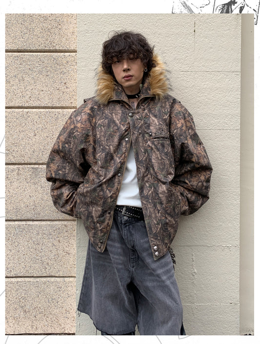 Camouflage rivet-washed hooded jacket