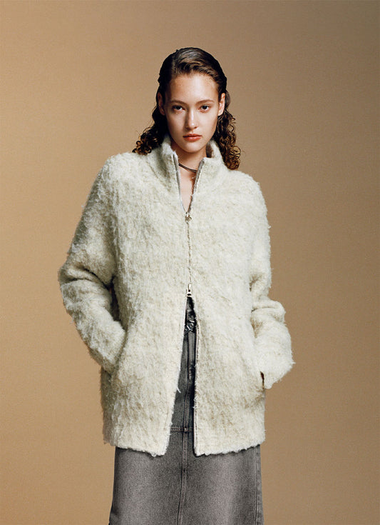 Wool blend double zipper casual cardigan