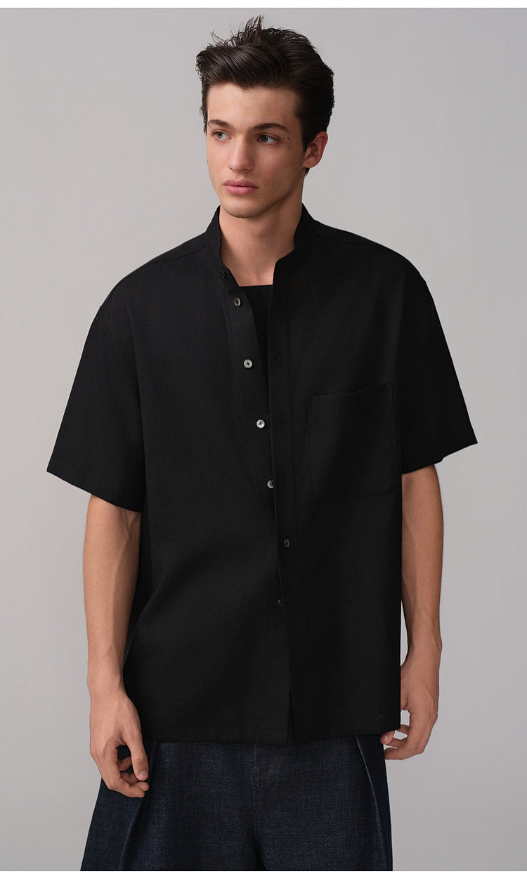 Casual Shirt with Stand-Up Collar and Pockets