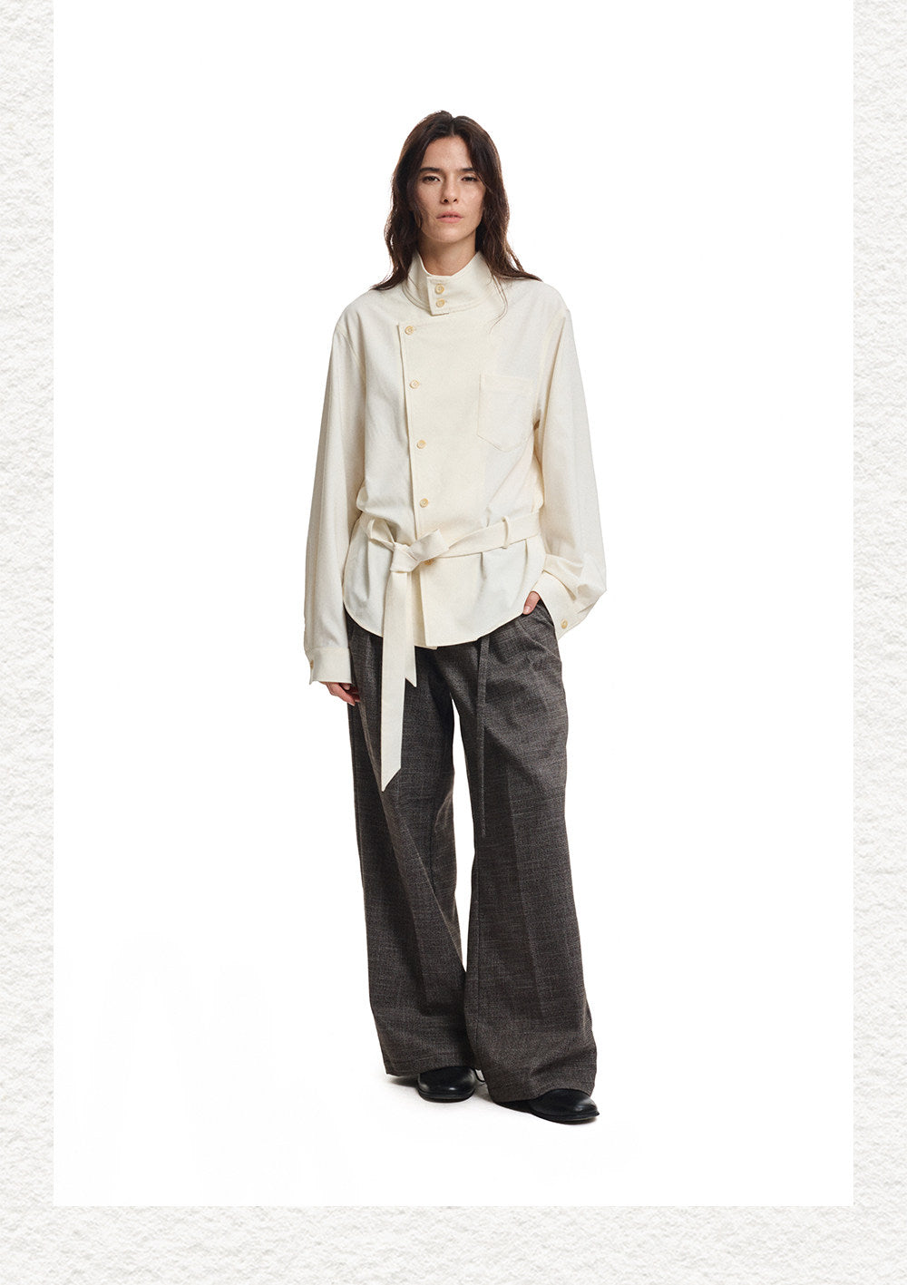 Diagonal Placket  Stand-Up Collar Workwear Shirt