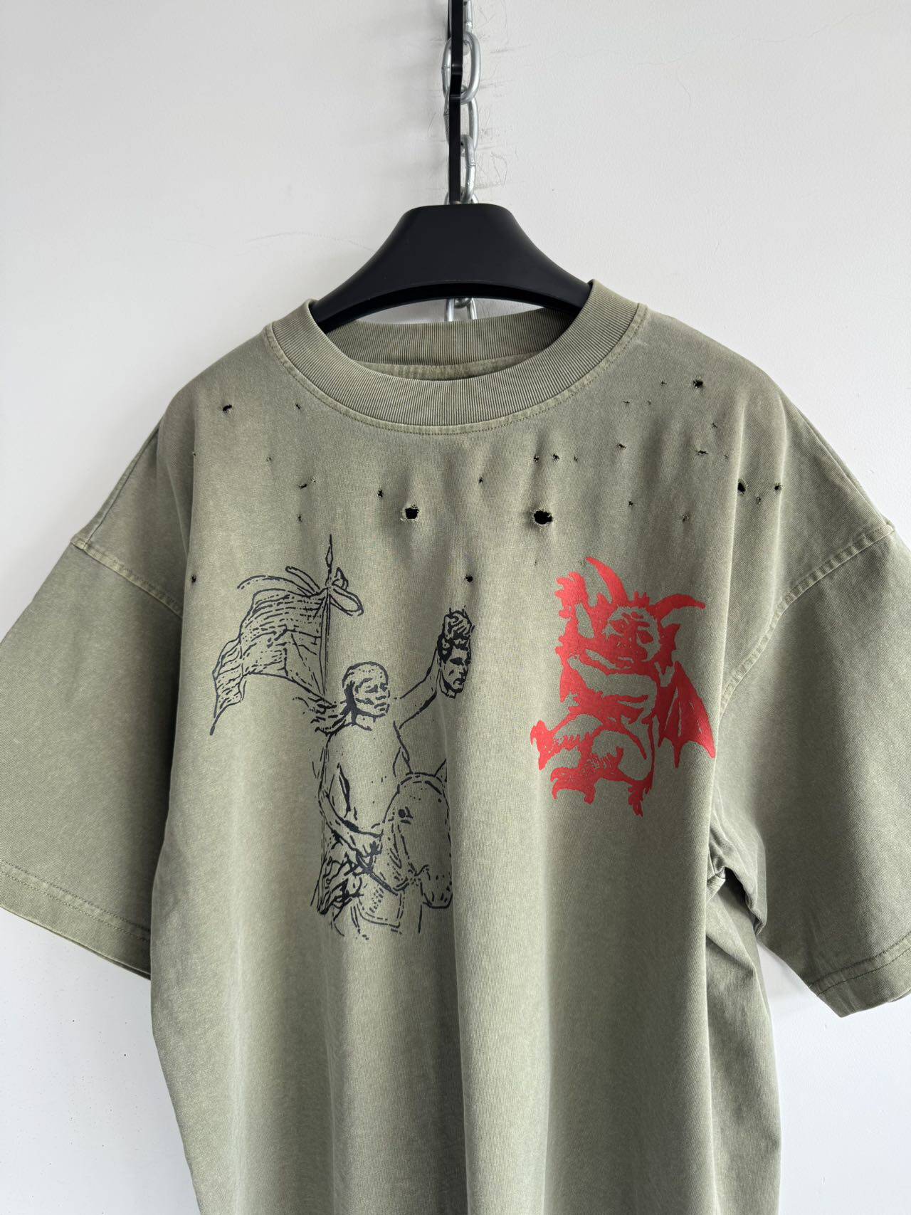Distressed Print T-Shirt with Ripped Details