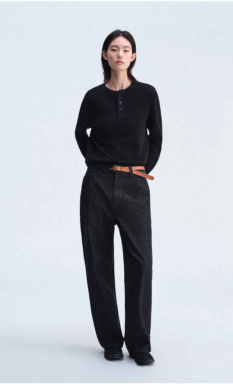 Henry-Collar Button-Down Shirt