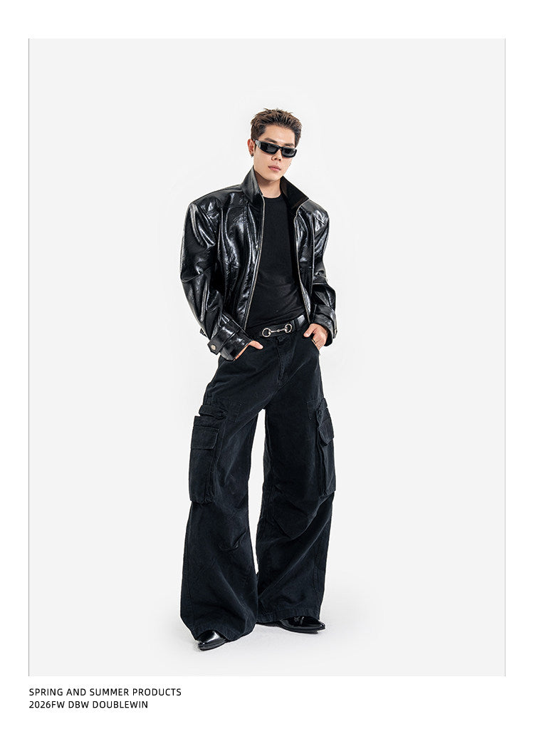 Short Biker Jacket with Stand-Up Collar