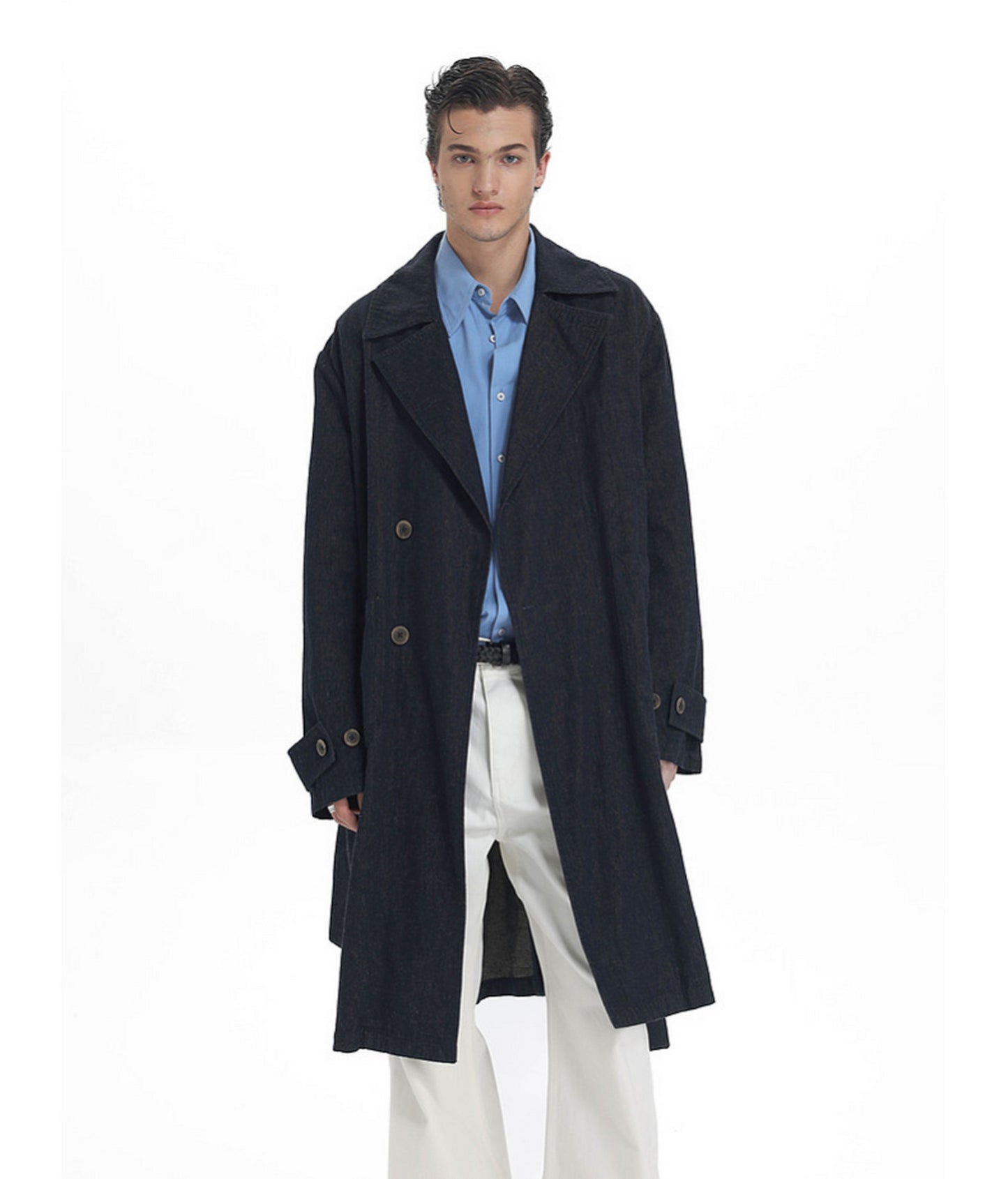 Linen-Blend Denim Trench Coat　