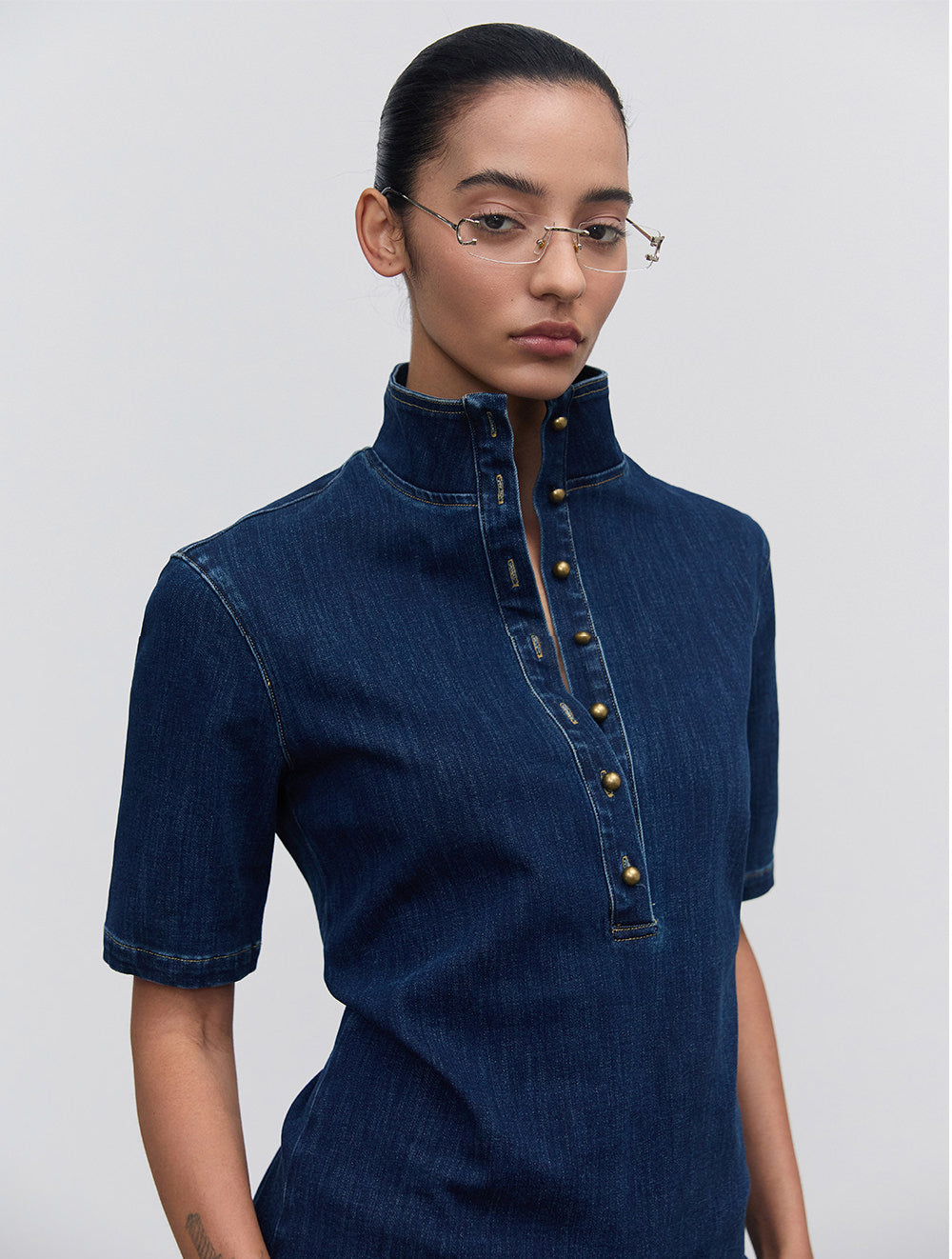 Half-open-front denim shirt