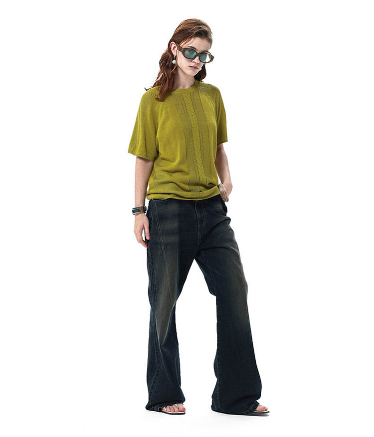 Linen-Lyocell Blend Openwork Knit Shirt