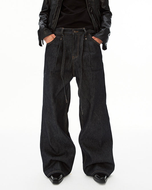 Minimalist Lace-Up Raw Denim Pants