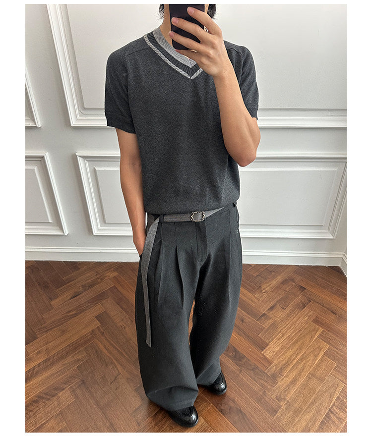 Casual Pants with Double Pleats and Detachable Belt