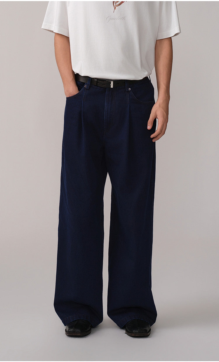 Double-Tuck Straight-Leg Casual Denim Pants