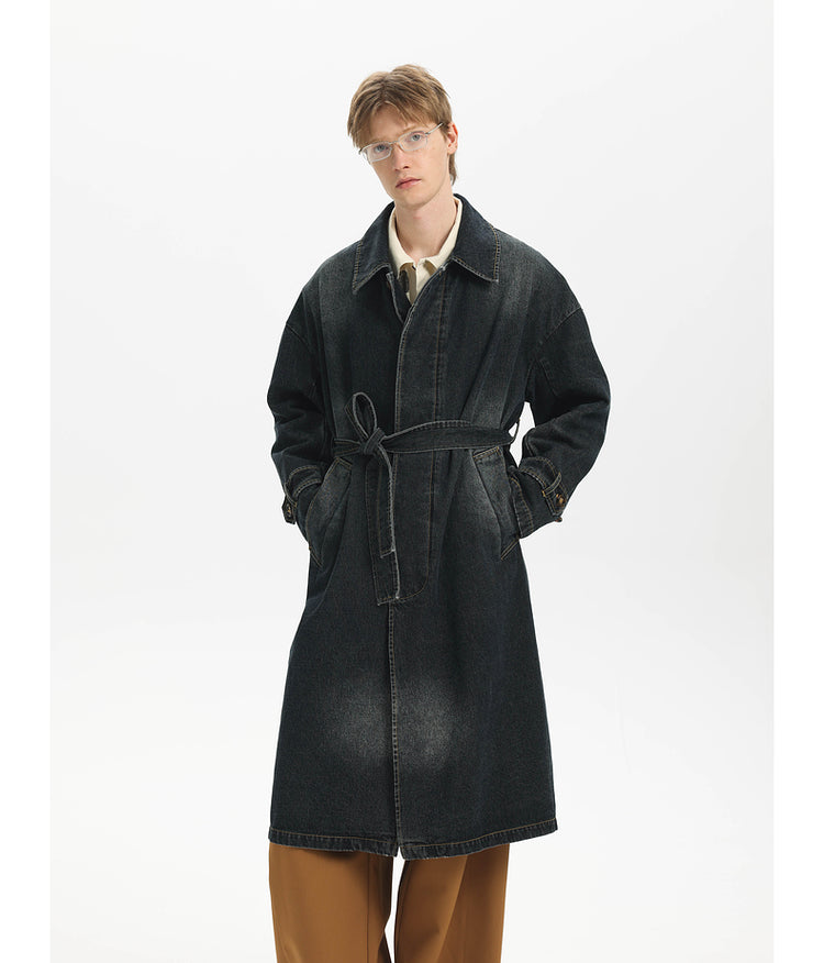Washed Denim Long Trench Coat