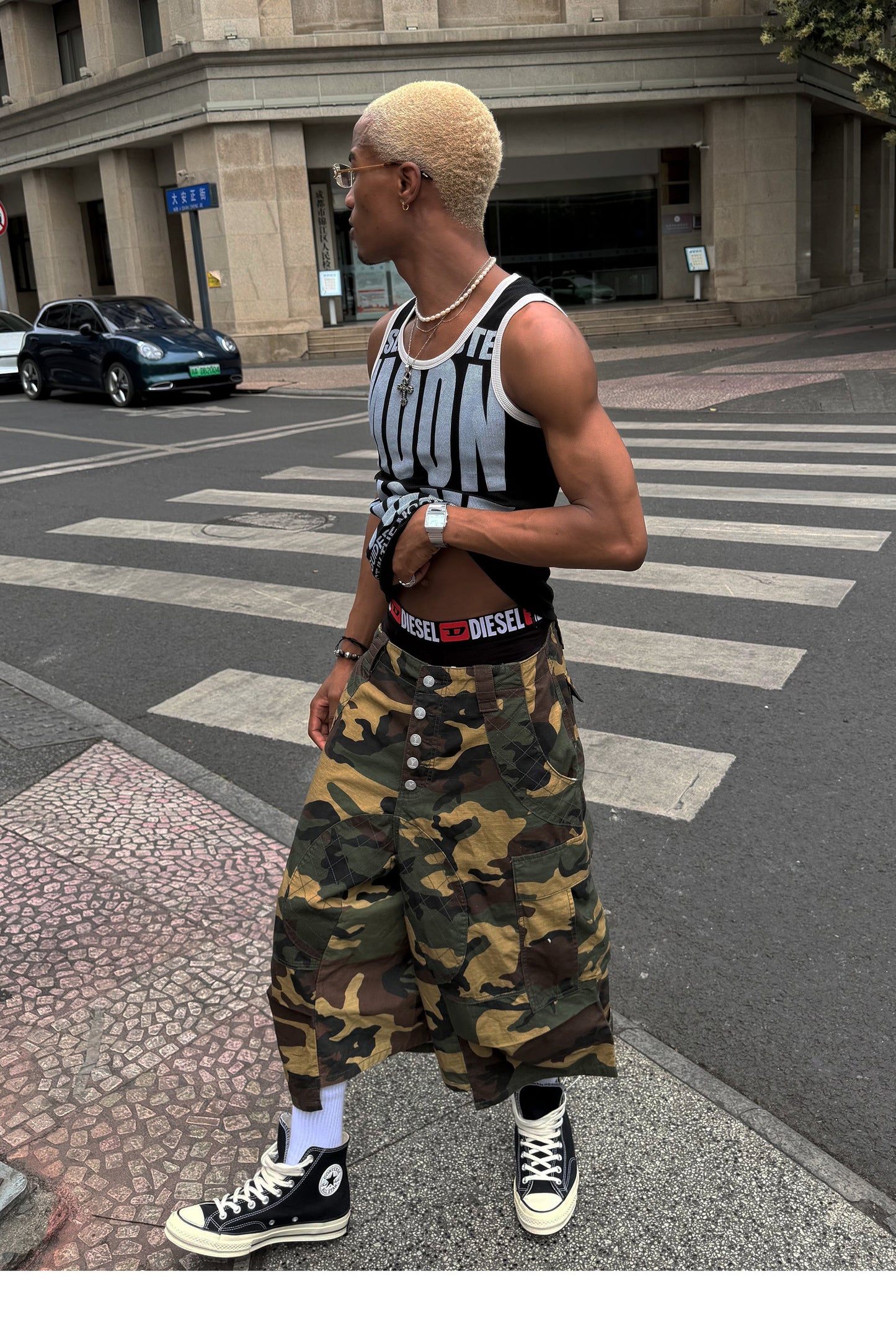 Camouflage-Patterned Workwear Quilted Shorts
