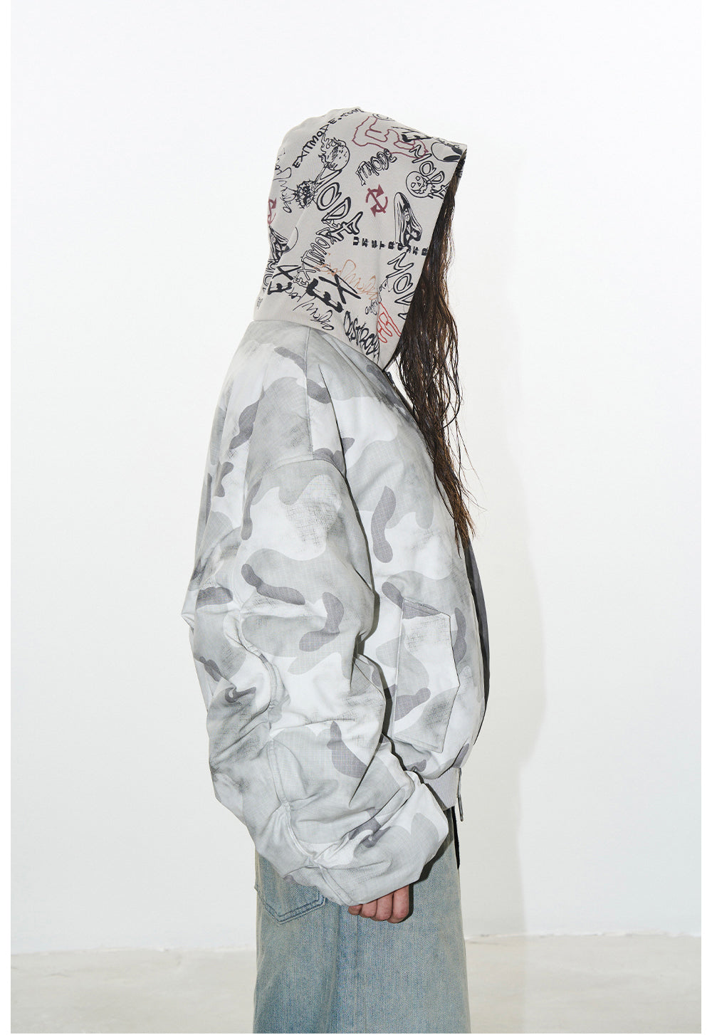 Graffiti print hooded bomber jacket