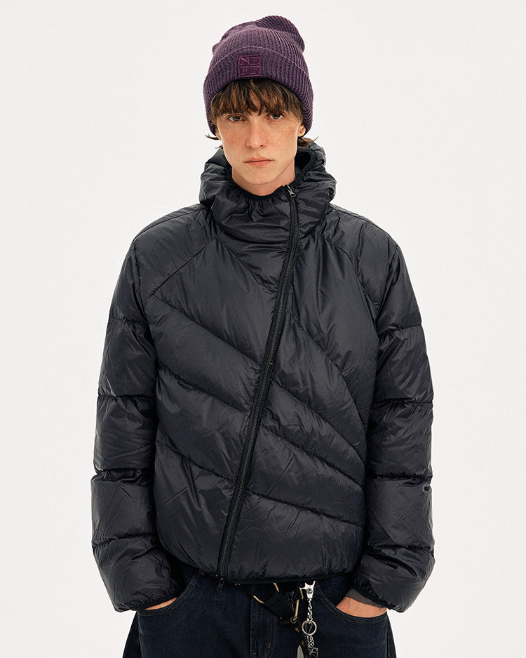 Diagonal Zipper Hooded Lightweight Down Jacket
