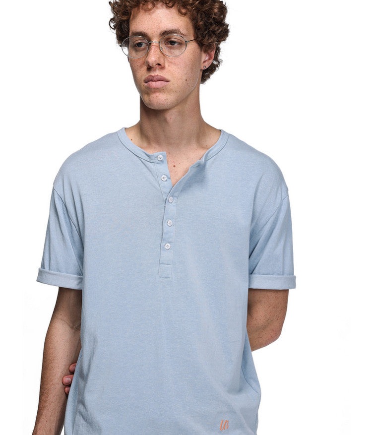 Letter-Embroidered Henley Collar T-Shirt