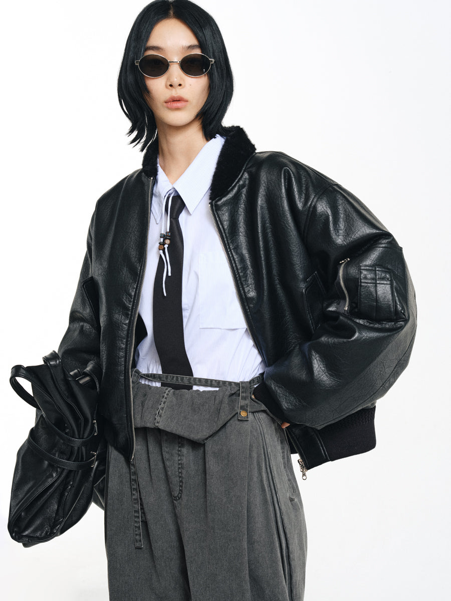 Stand collar faux leather jacket