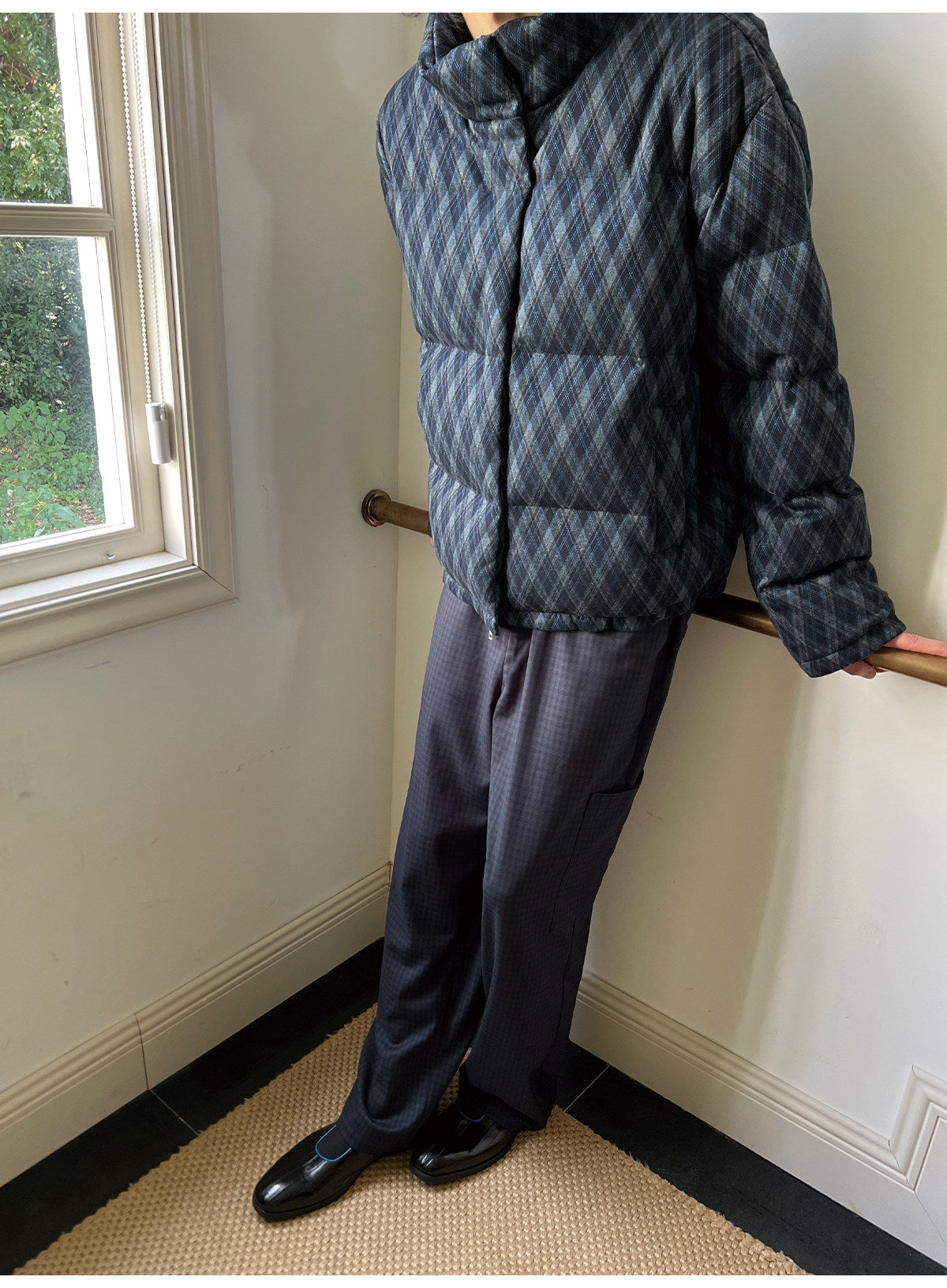 Diamond-Check Stand-Collar Down Jacket