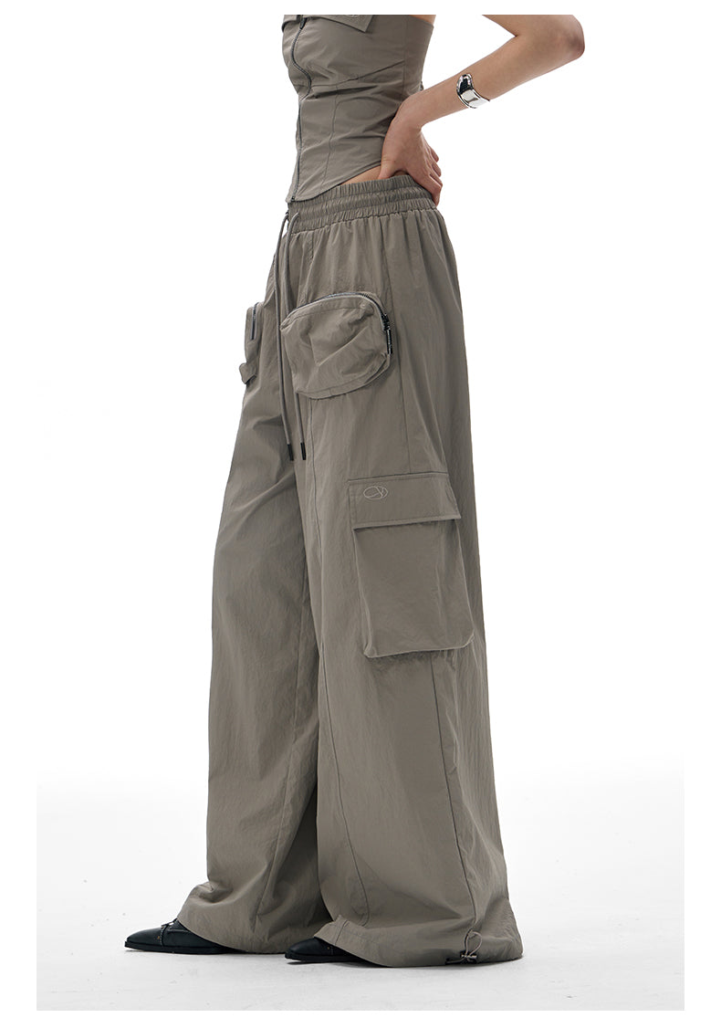 Multi-pocket wide-leg casual pants