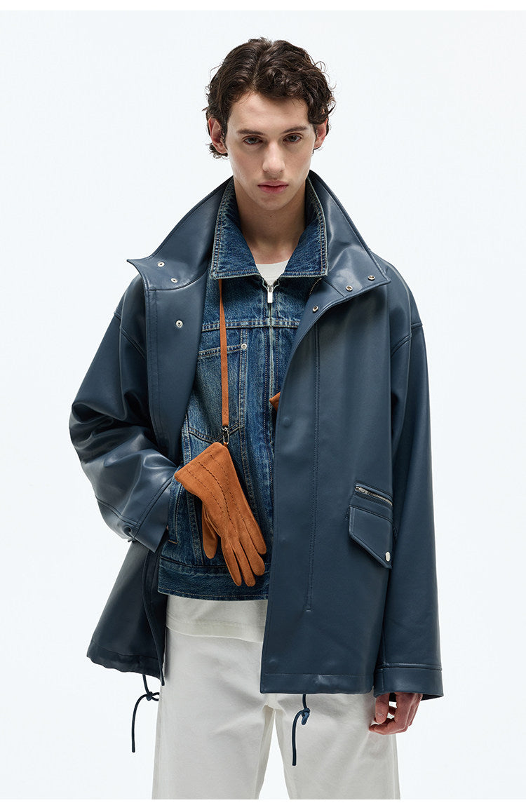 Multi-Pocket Fake Rum Skin Jacket