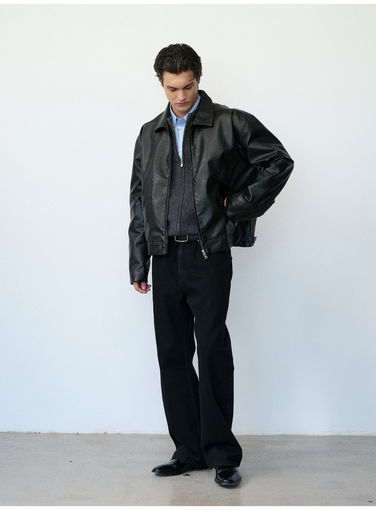 Boxy Short Leather Jacket with Simple Wash Finish