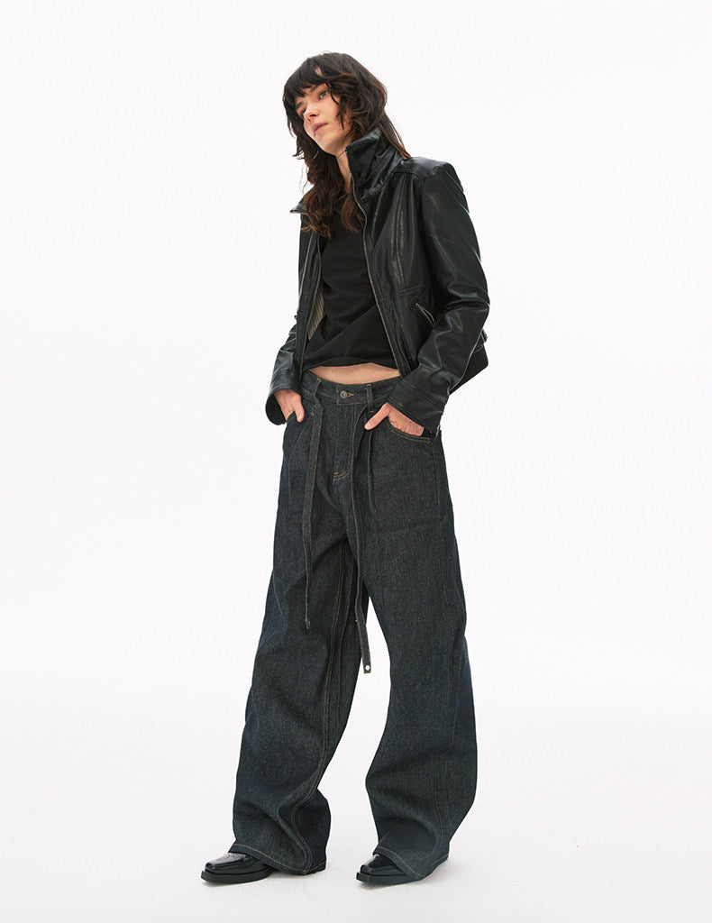 Minimalist Lace-Up Raw Denim Pants