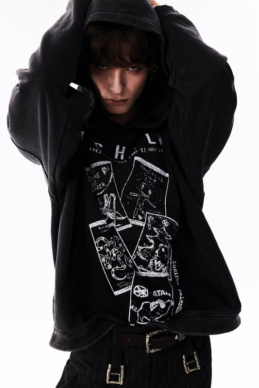 Washed Destroy Patch Hooded Sweatshirt