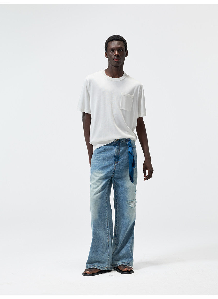 Water-Washed Straight-Leg Lightweight Denim Pants