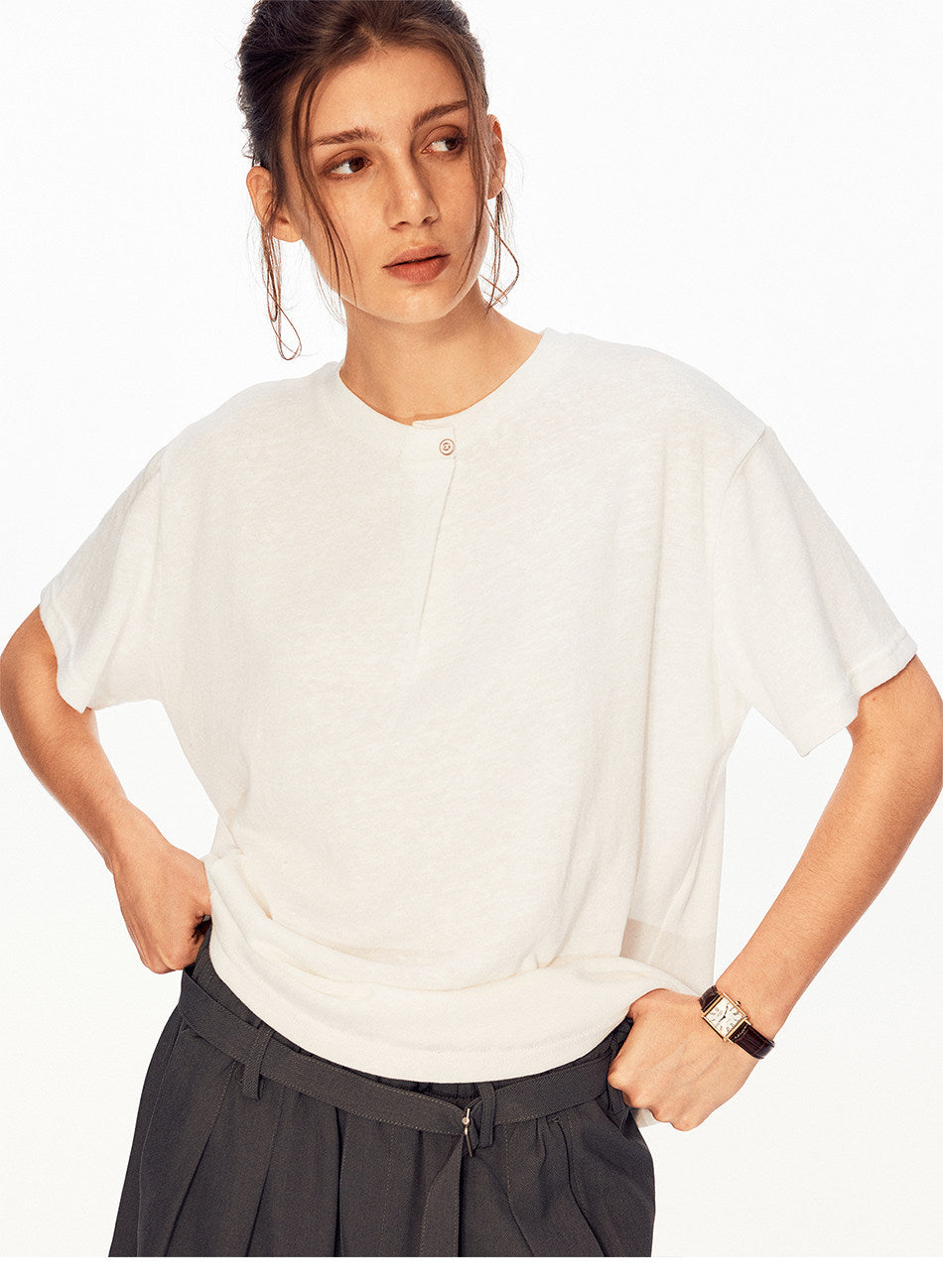 Single-Button Loose-Fit Casual T-Shirt