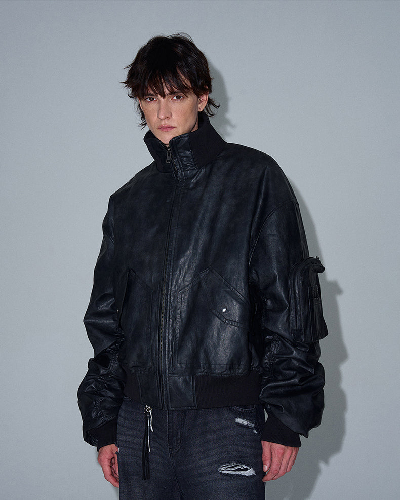 Washed Bomber PU Leather Jacket