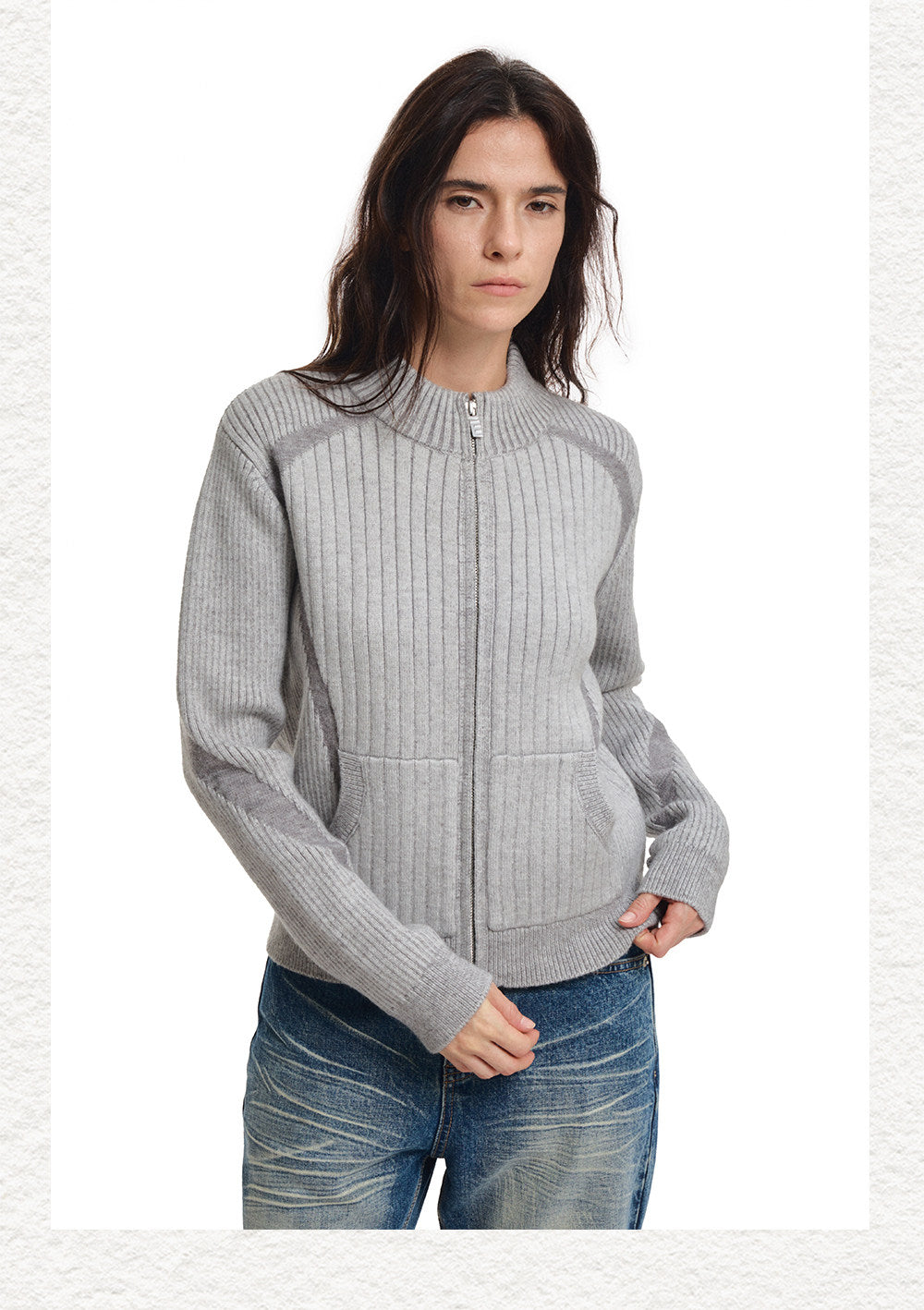 Slim Stand Collar Color-Block Zipper Knit Jacket