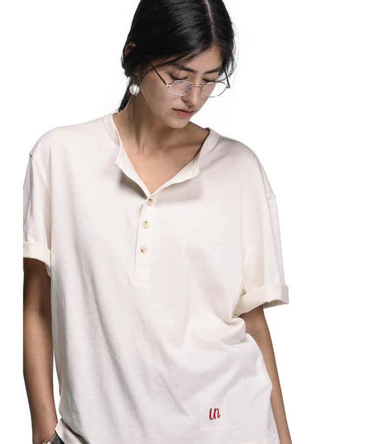 Letter-Embroidered Henley Collar T-Shirt