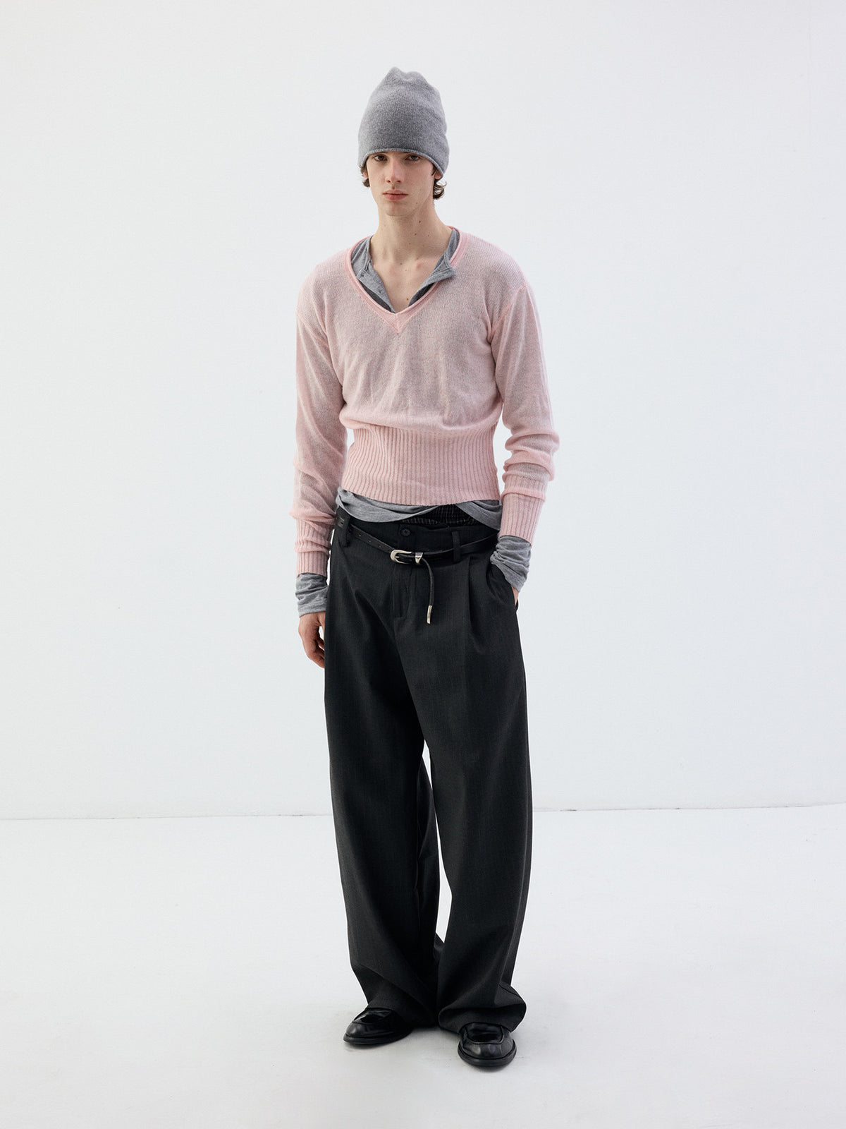 Wool Roll-Sleeve V-Neck Sweater