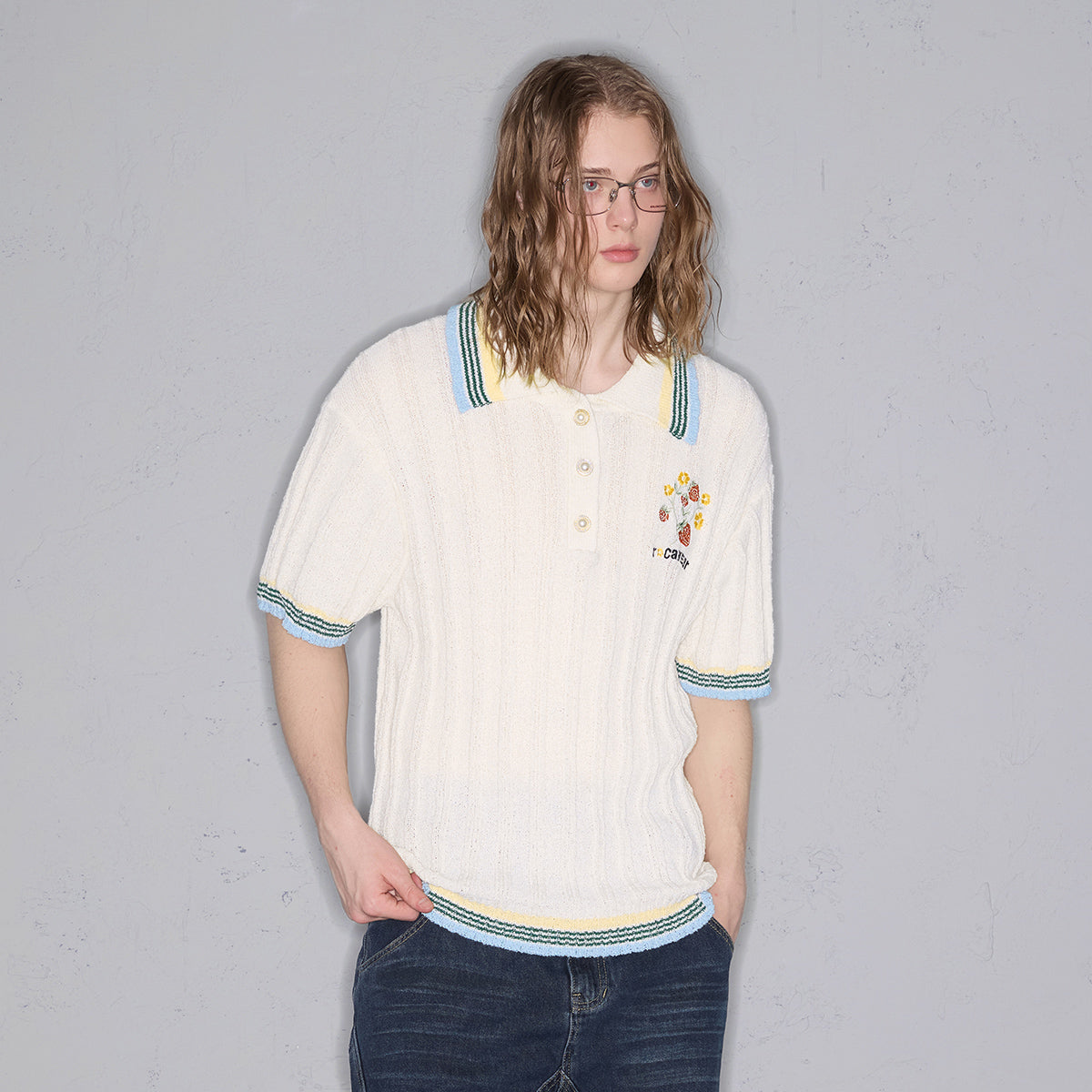 Pearl Button Embroidery Polo Shirt
