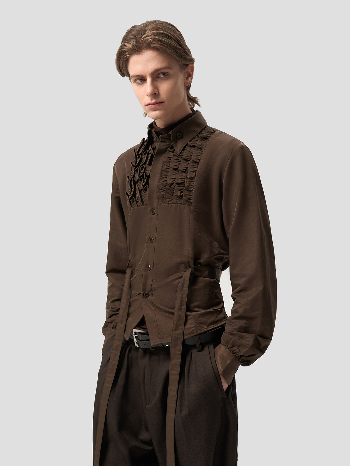 Copper Satin Silk Frilled Waist Shirt