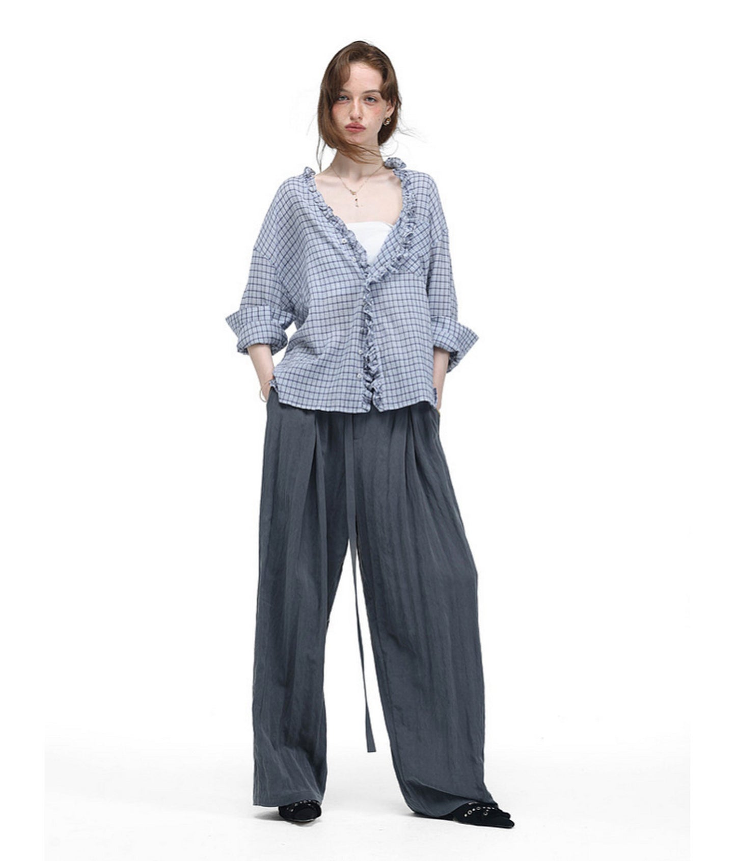 Textured V-Neck Checkered Shirt
