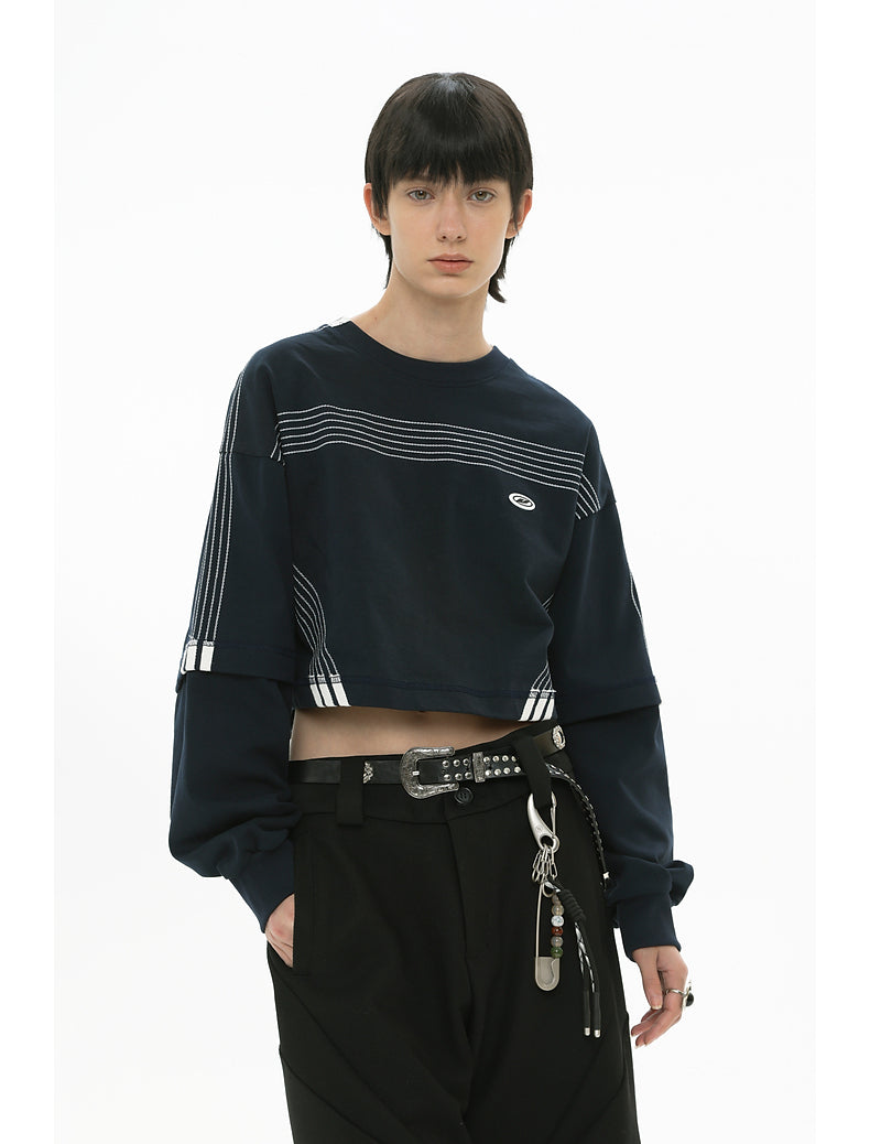 Embroidery Striped Faux Two Piece Round Neck Couple Long Sleeve T-Shirt