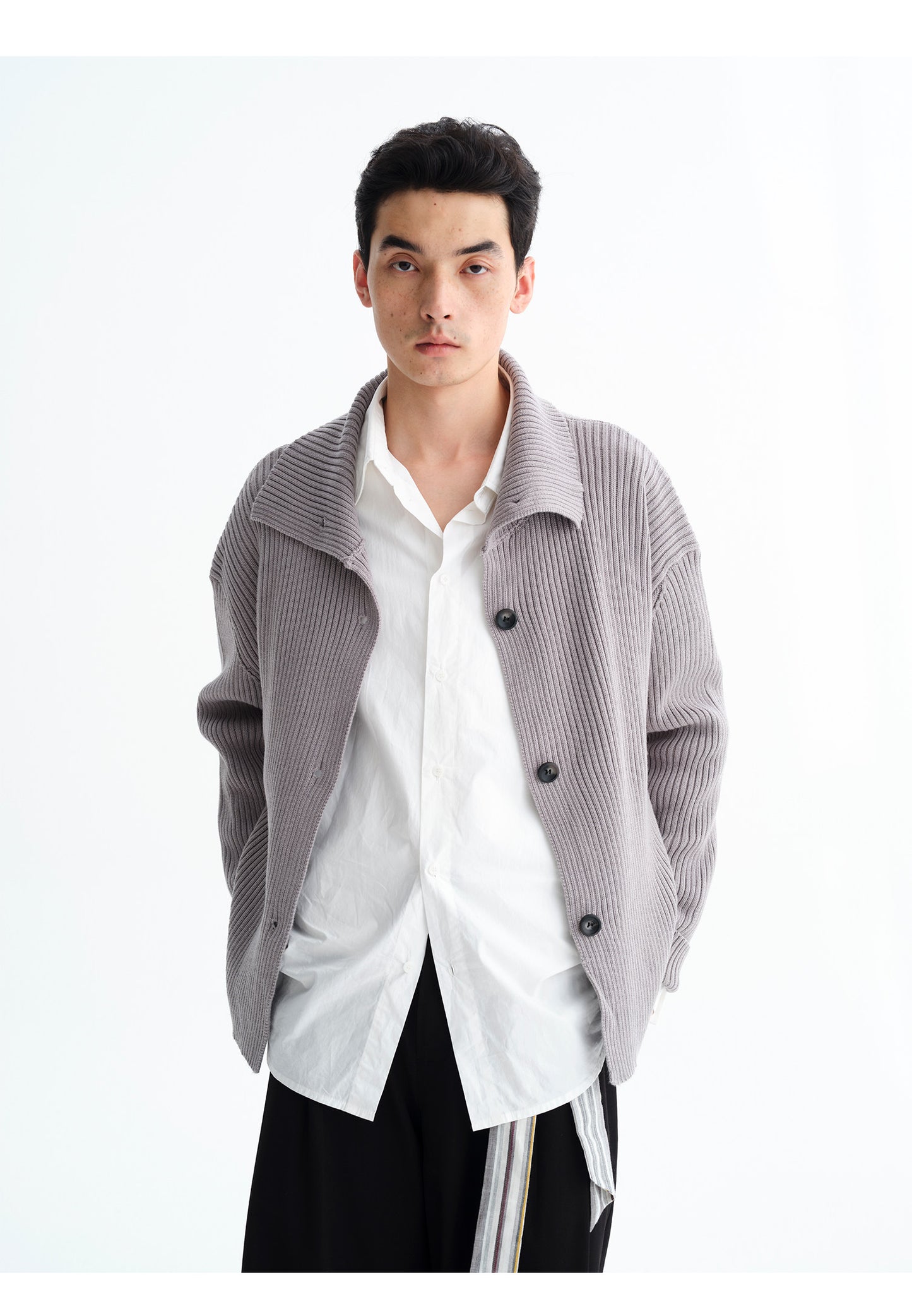 High-Neck Rib-Knit Cardigan