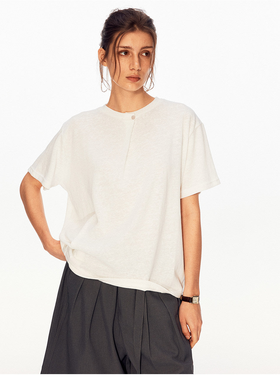 Single-Button Loose-Fit Casual T-Shirt