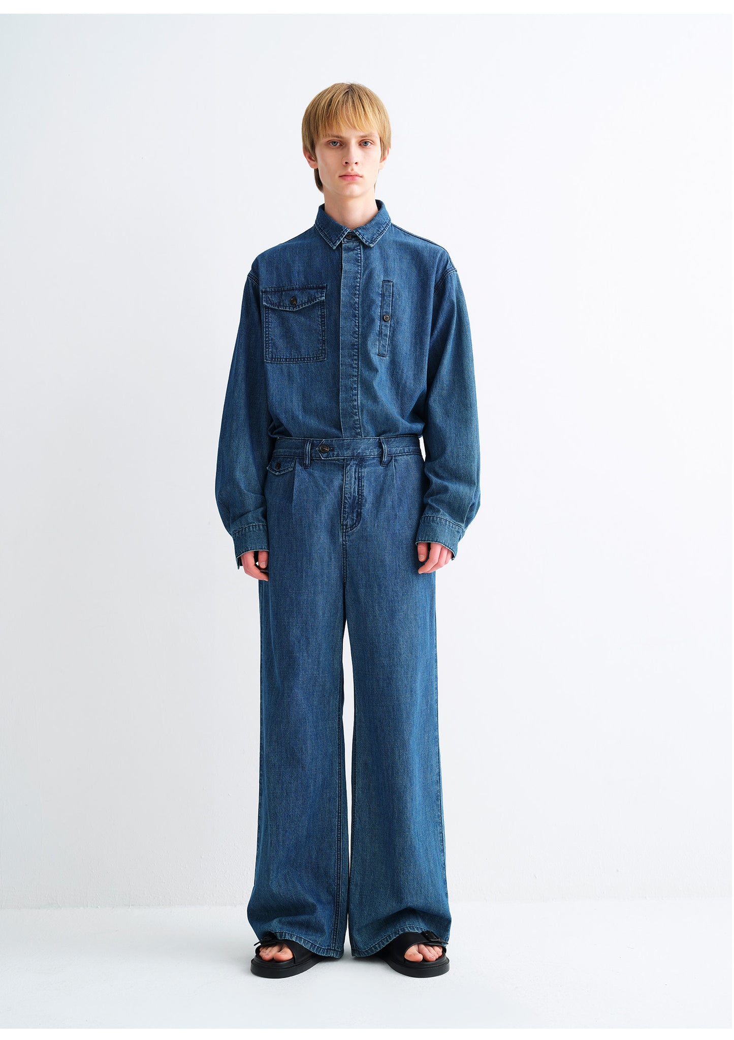 Wash-Finish Wide-Leg Denim Pants