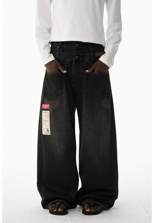 Retro Wash Double-Waist Straight-Leg Jeans