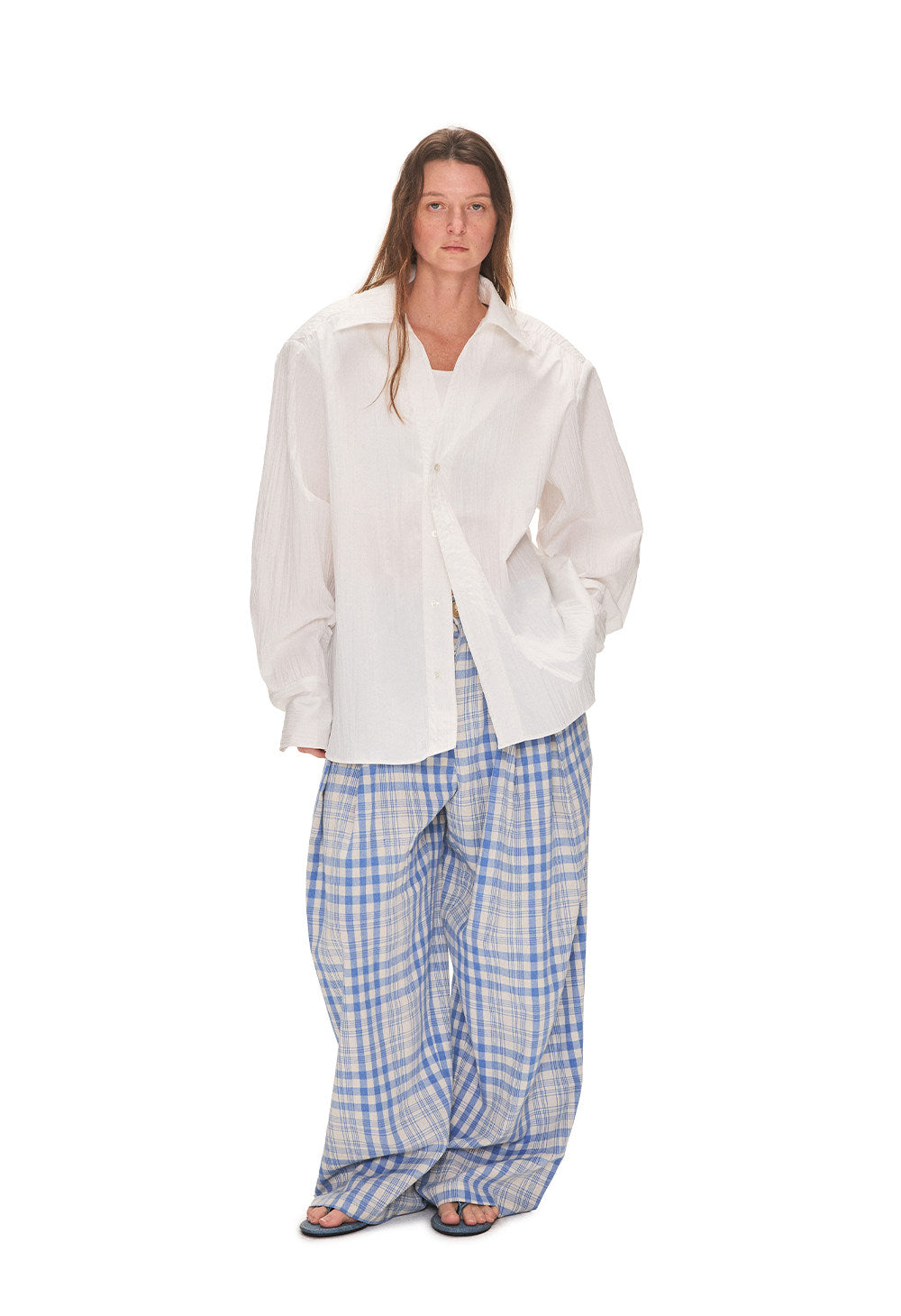Blue Checkered Pleated Casual Pants