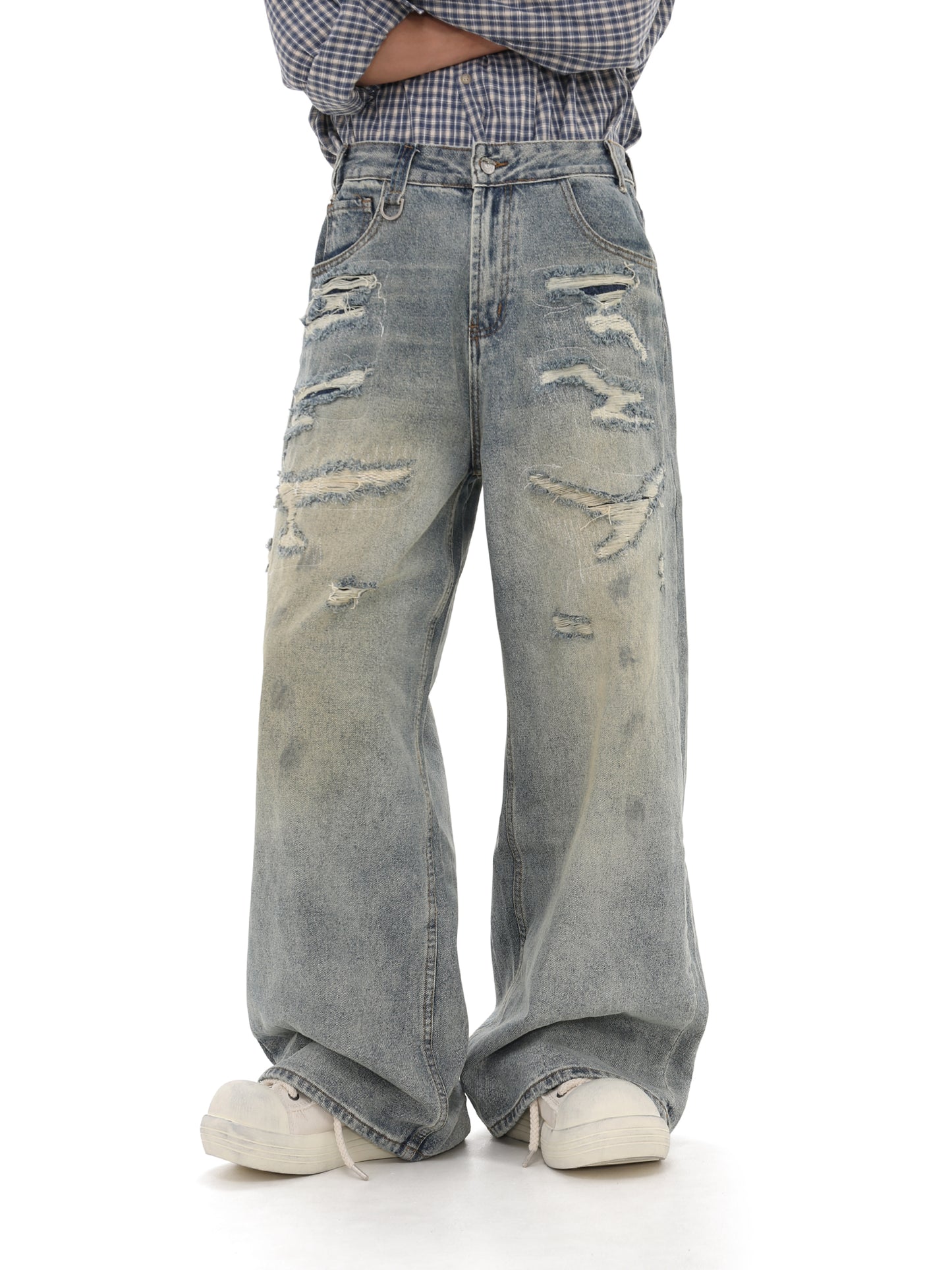 Loose Fit Retro Damaged Washed  Denim Pants