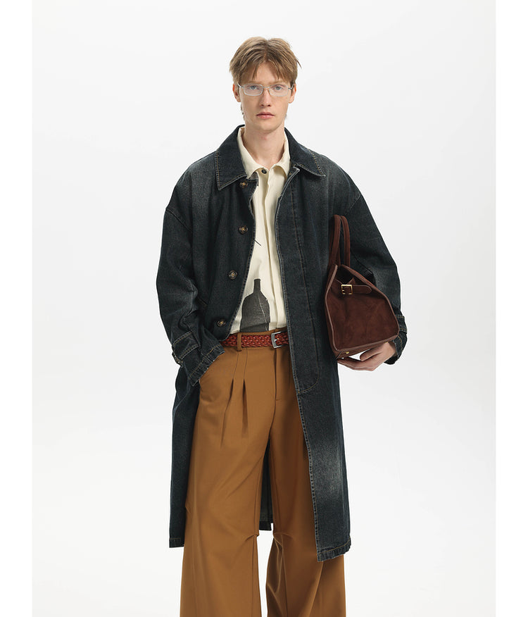 Washed Denim Long Trench Coat