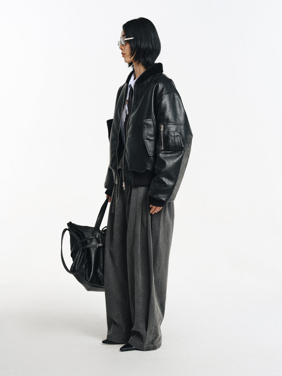 Stand collar faux leather jacket