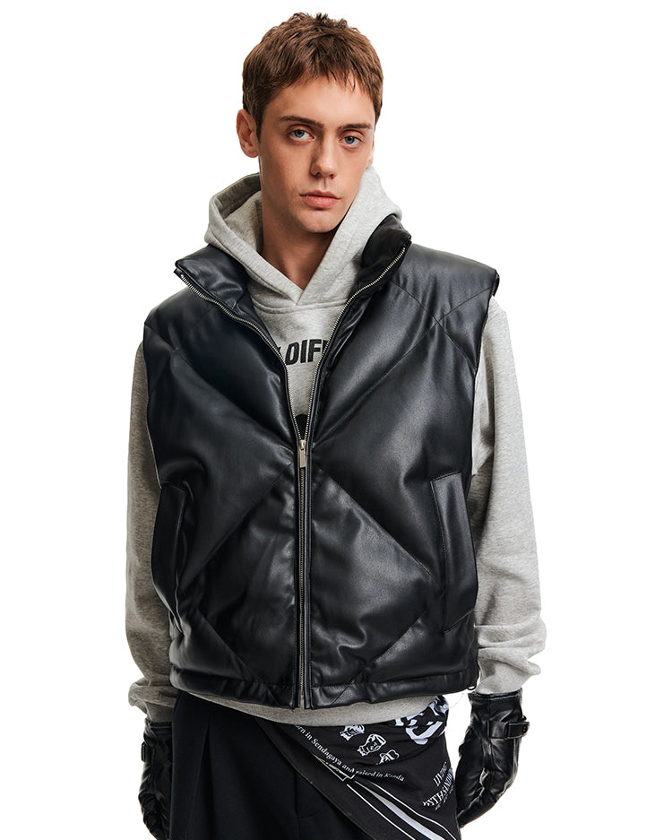 Stand Collar PU Leather Vest
