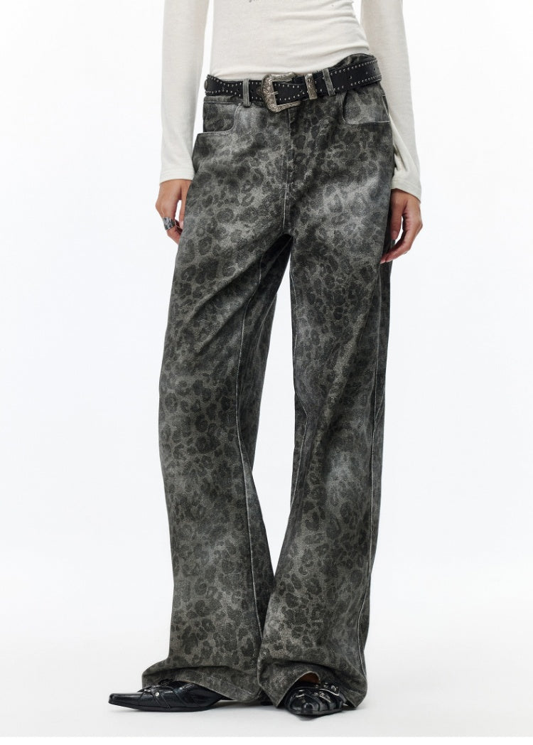 Leopard print wash wide leg jeans