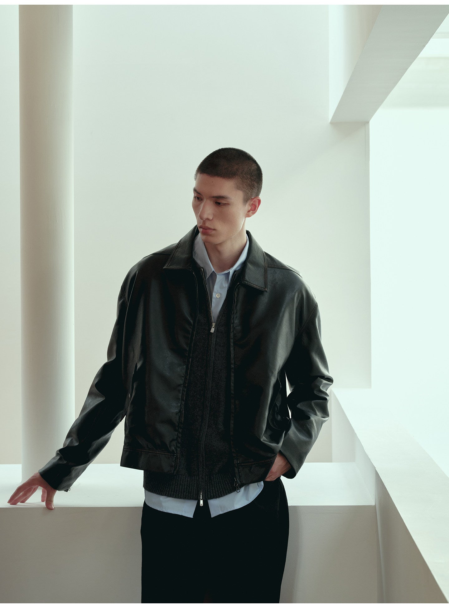 Boxy Short Leather Jacket with Simple Wash Finish