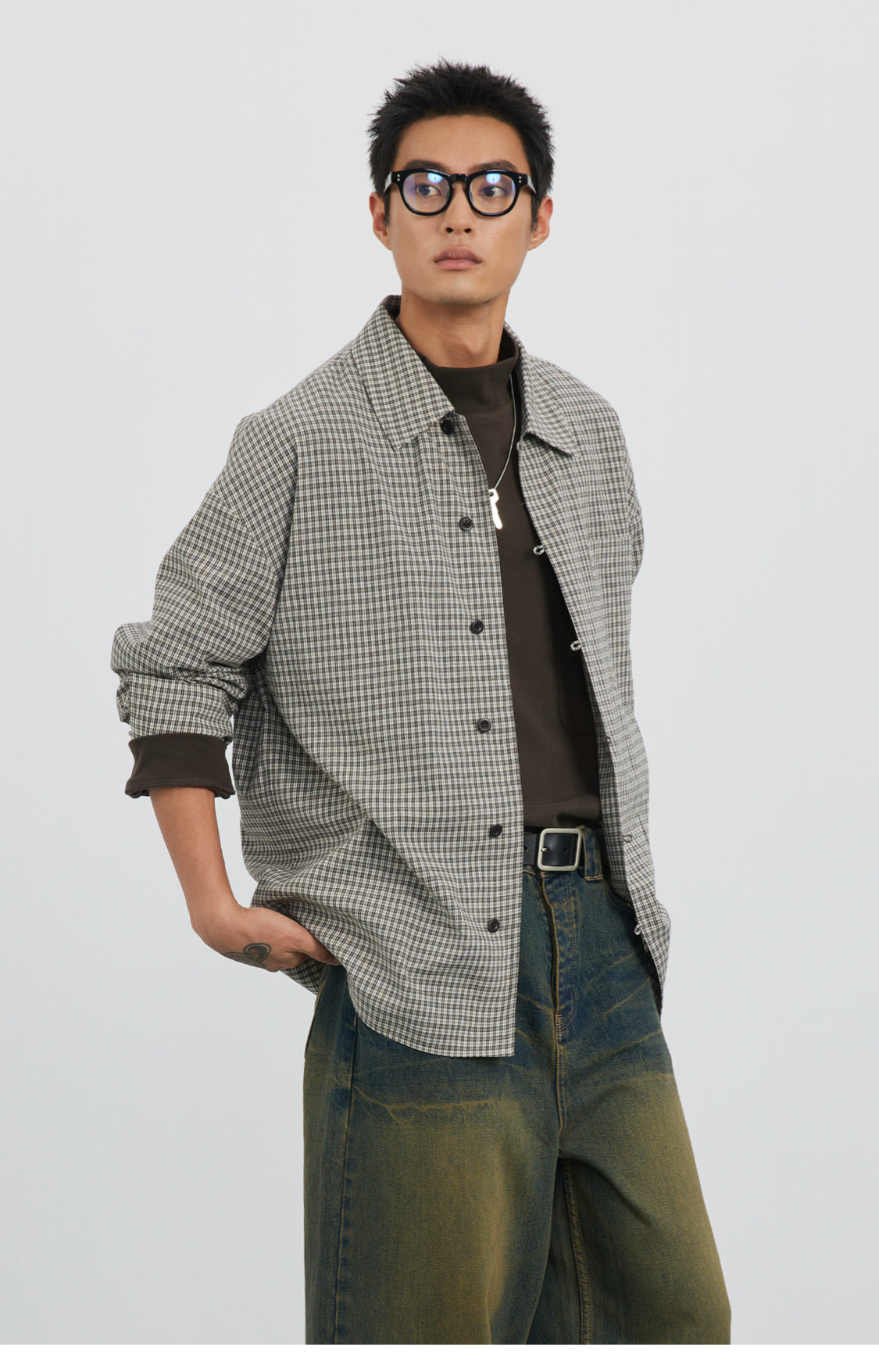 Straight Button Retro Fine Check Shirt