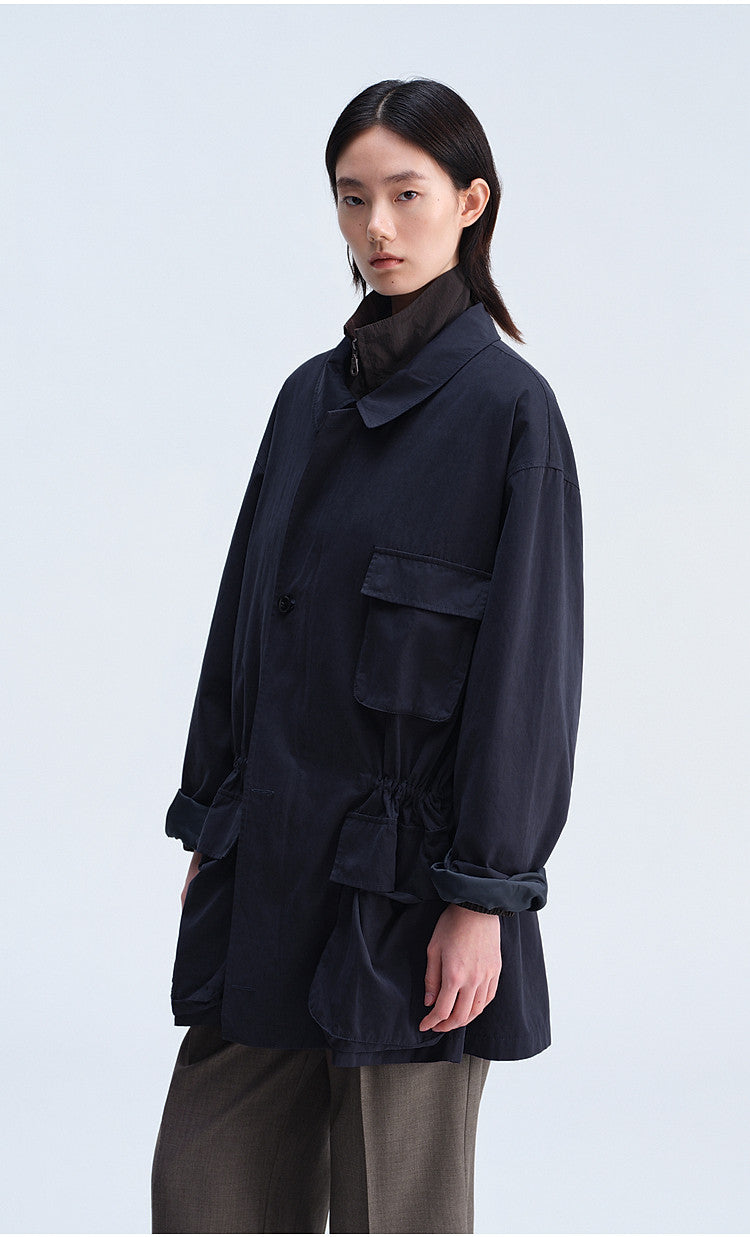Work Jacket with Waist Drawstring and Relaxed Fit